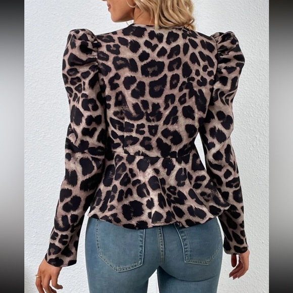Leopard print zipper puff sleeve jacket